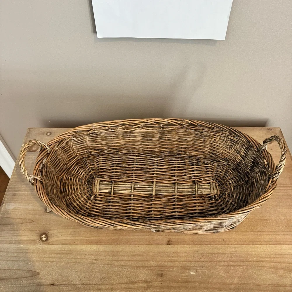 Vintage woven oval basket with handles cottage core pottery barn style